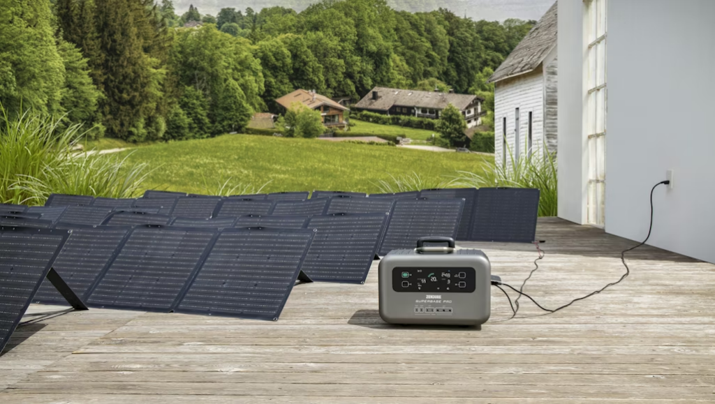 Portable solar generator charging a home using solar panels.