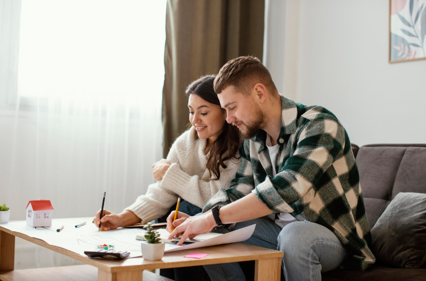 Couple reviewing documents to decide if now is a good time to refinance a mortgage.